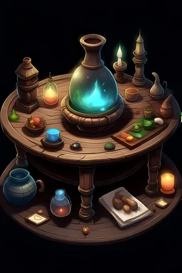 Okrągły stół, na nim magiczne przedmioty i kociołek z miksturą.