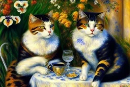 Two cats on a terrace. Auguste Renoir. Perfect brown eyes with perfect iris, perfect pupils.