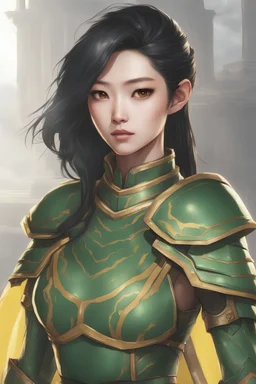 a young female Yuan ti with scales and black hair green skin and yellow eyes in stealth armor