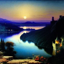 Drawing of 'Medieval Romanian Castle',mountain,lake,full moon, by gaston bussiere, greg rutkowski, yoji shinkawa, yoshitaka amano, tsutomu nihei, donato giancola, tim hildebrandt, ink and pencil on canvas, cinematic composition, extreme detail,fit full head inside picture,16k