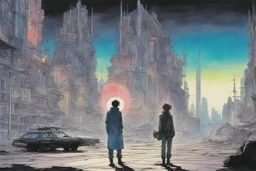 retro anime style, full color, dark serious 1980s anime Lunar Punk city, moebius artist, magic, watercolor,