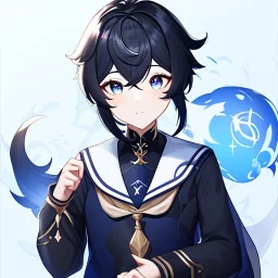 Genshin woman, Clear Focus High resolution, Calm Background, Light skinned woman, Black long beatiful hair, Dark blue sparkling eyes, Very Beatiful Face, Splash art, Cute Scene, Wearing a sailor uniform