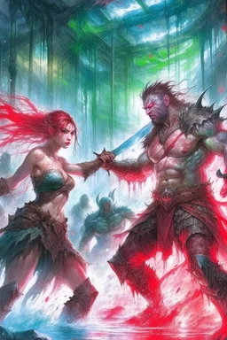 Beautiful adventuress fighting against an orc in a dim dungeon. Blood splatters and wounds. , Luis Royo, Clint Cearley, Daarken, Jeremy Mann, hyper-detailed, hyperrealistic, digital art, detailed background, fairy tale, cinematic, vibrant pastel colours