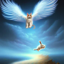 A flying cat with wings. Oil painting.