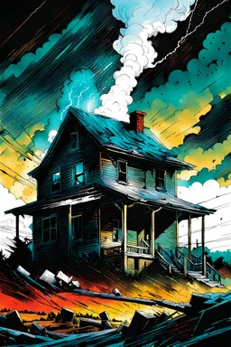 create a dreamscape illustration of a farmhouse disintegrating in a massive, violent tornado , with highly detailed features, in the comic art style of FRANK MILLER and BILL SIENKIEWICZ, searing lines and forceful strokes, precisely drawn, boldly inked, with gritty textures, vibrant colors, dark and dramatic otherworldly lighting