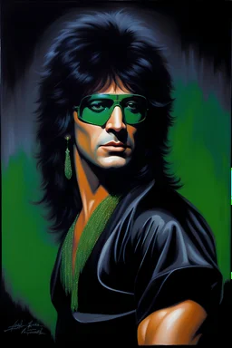 Head and shoulders image - oil painting by Scott Kendall - pitch Black solo record album with florescent emerald back lighting - 30-year-old Peter Criss (Drummer) with shoulder length, wavy, straight black and gray hair - in the art style of Boris Vallejo, Frank Frazetta, Julie bell, Caravaggio, Rembrandt, Michelangelo, Picasso, Gilbert Stuart, Gerald Brom, Thomas Kinkade, Neal Adams, Jim Lee, Sanjulian, Thomas Kinkade, Jim Lee, Alex Ross, Dorian Vallejo, Stan Lee, Norman Rockwell