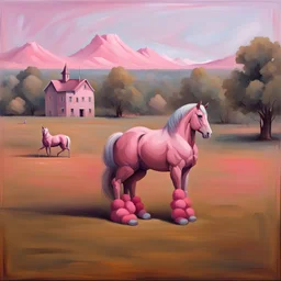 a big muscle man sitting on a pink horse.like 19th painting