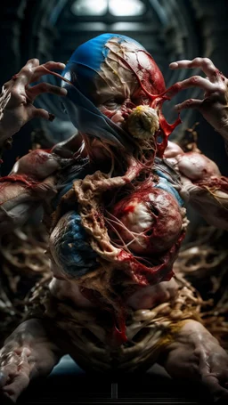 cinematic gore Bosch vs Dali style photorealistic photo of a mangled embryonic body wrestling itself in a fleshy vortex vortex, of anatomically fragmented, ripped apart again being flayed, skinned alive beating heart, muscles, blood vessels, bowels, entrails, capillaries, oozing puss are exposed. Visceral anatomy. physiology. Their face and body opens with a zipper. Bosch and Dali inspired hallucinations. mythology. grotesque.