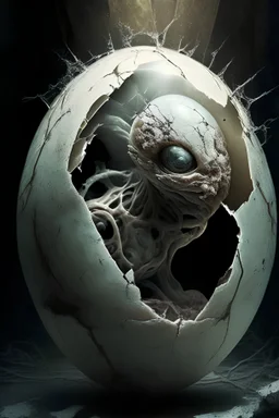 a haunting image of an embryonic humanlike animal hybrid emerging from a cracked orb