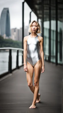 beautiful anorexic asian girl, total shot, shiny silver triathlon swimsuit, short blond wavy bob hair, blurred city background