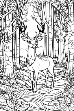 coloring page, deer in the woods, cartoon style, thick lines, low detail, no shading