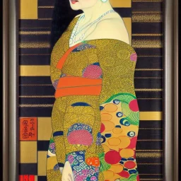 Retrato de cuerpo entero una Gheisha vestida con kimono muy guapa y voluptuosa con el estilo de Gustav Klimt