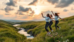 a group of young ladies in sports pants and blouse are dancing in high grassy hills,a small fall and river and flowers at river sides,cloudy sun set sky