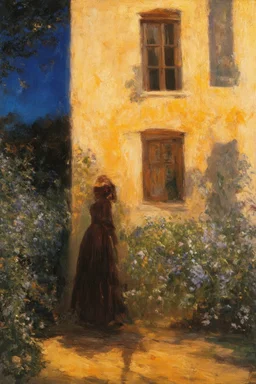 Night, vegetations, flowers, one woman looking at a distant house, mistery, gothic horror films influence, gustave caillebotte, and gustave moreau paintings