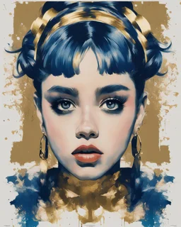 Poster in two gradually, a one side the Singer Danish MØ face, and other side the Singer Melanie Martinez face, symmetry, painting by Yoji Shinkawa, darkblue and gold tones,