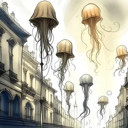 Prompt: imaginary lamp posts - street lamps that look like tall jellyfish, their tentacles gently swaying, pencil, aquatic, urban --no people (During the day, jellyfish go back to the ocean to rest)