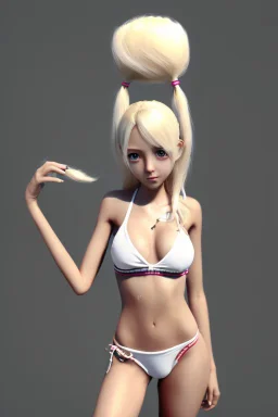 slim girl in bikini with blonde hair and two pigtails, manga style, cool pose, greyscale