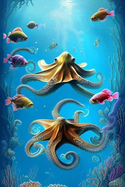 underwater scene, an octopus, beautiful colors, fish, very fine detail, a mermaid, high quality, mystical, romanticism, intricate, Neo-Impressionism,