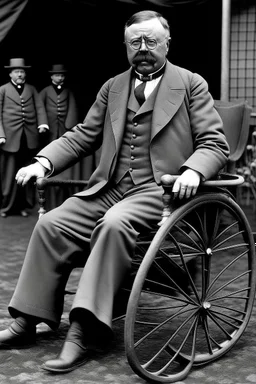 President Theodore Roosevelt pictured in a wheel chair with no legs and a third arm shaped like an atomic bomb