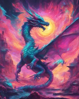 Dragon in a vibrant synthwave dreamscape, neon chaos swirling energetically around pixelated forms, a dynamic fusion of retro gaming nostalgia and futuristic abstraction