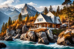 pretty dream houses in rocky mountain in wavy sea side, 1beautiful lady standing on rock