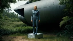 An ultrawide-angle, photorealistic image of an adventurous, slender, fifty-year-old woman from the future, dressed in a tailored, full-body spacesuit, stands to the right of her huge, wide, wingless cargo spaceship. Her uncombed, blond hair has bangs. Standing on a metal box in a jungle clearing.