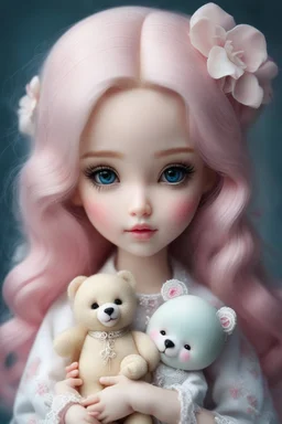 a close up of a doll holding a teddy bear, artdoll, realistic cute girl painting, anime barbie doll, carlos ortega elizalde, doll, kawaii realistic portrait, portrait of barbie doll, young girl, cute pocelain doll, by nicoletta ceccoli, barbie doll, beauty girl, beautiful and realistic face, beautiful fantasy art portrait, cute young girl