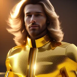 beautiful cosmic golden male, long hair, nice smiling, delicate colors, beautiful glamour galactic golden dress, ultra sharp focus, 8k, unreal engine 5, extremely sharp detail, light effect, soft light atmosphere of a spaceship, smooth, full of details, face in front, complete vision of face and body