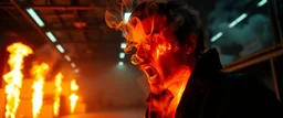 close up portrait of a plasma vampire flickers like hypnotic fire A cavernous industrial warehouse becomes a fever-dream carnival of fire and smoke, lit exclusively by erratic strobes and the orange glow of unpredictable blazes. The world is drenched in soot, haze, and manic energy — walls drip with condensation, fire extinguishers become absurd props, and every surface reflects the flicker of flames being born and killed in seconds. The visual journey spirals from controlled chaos to full unhin