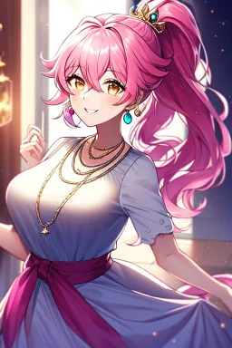 girl, masterpiece, best quality, cinematic lighting, detailed outfit, vibrant colors, perfect eyes, pink hair, long hair, golden eyes, ponytail, messy hair, dress, sparkle, necklace, earrings, hair between eyes, looking up, smiling, indoors, light rays,