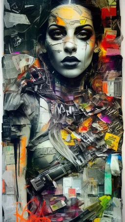Russ Mills, byroglyphics style art, backdrop, mixed media, pen and ink, broad energetic brushstrokes, palette knife, chaotic collage, cardboard, newspaper, torn paper, gauze, broken glass, graphic image, vibrant natural color, intensely passionate, full body, eerie, slim Goth punk woman with long braided hair of Spanish and Lebanese heritage, beauty in chaos