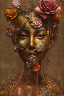 an abstract painting of rusted metal and flowers, african, rust, scaffolding, iron cladding, decay, mixed media, textured, anatomically correct, beautiful perfect face, sharp focus, highly detailed