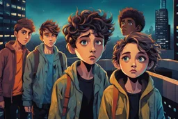 whimsical stylized illustration of young people with big eyes, tiny nose, tiny mouth and messy hair in complementer colors cloths, they stand in line on a high rooftop, surreal, thriller mood, smooth blending, extremely detailed, realistic textures, lights and shadows, cinematic, dark mood