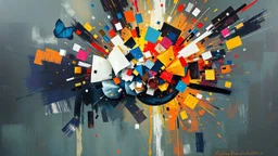 Abstract painting, Head exploding, disintegration into pieces, headache, HD photography, explosion of thoughts