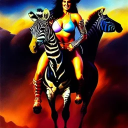 portrait oil on canvas,beautiful busty Female Warrior riding a Zebra, minimal armor,comic book cover, mystical colors,insanely detailed,realistic,intrincate detail,crystal clear eyes,perfectly drawn face, 16k resolution, masterpiece,Simon Bisley,Frank Frazetta,Alex Horley,ARTHUR ADAMS