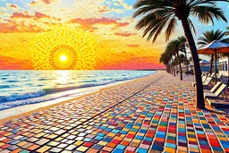 create a digital mosaic landscape of a seafront walkway, beach promenade paved with multicolor mosaic stones, rising sun made of glowing tessellated fragments, sky composed of abstract colorful stained glass patterns, serene and artistic sunrise vibe --ar 3:2 --v 7 --style raw