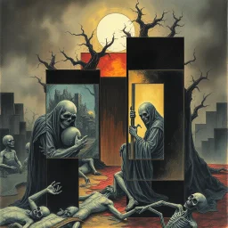 nihilism, mourning damned souls, gestalt loop, color pencil illustration, by Michael Whelan and Moebius, surreal, horror, fragmented collage, abstract, overlapping cel boxes shuffled and offset composition, moody, sinister