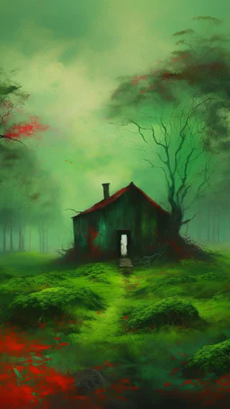 Painterly. Abstract. A cottage with a moss covered roof in a clearing. A willowy androgynous human figure stands clothed in red silk raiments. Anomalous red cloud issuing forth from the heart. Simple yet majestic