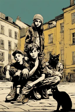 Three teenage street children two boys and one punk girl in book-cover poses on the screen of an old town plus a black cat as a companion, dark graphic style, Banksy style, Warhol style,