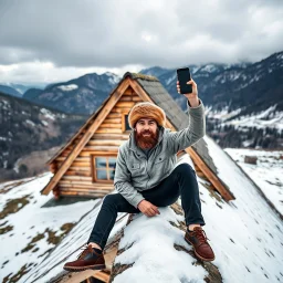 bearded man in a coon skin cap sitting on the roof of a rustic triangular shaped cottage holding a smart phone up over his head trying to get a signal, mountainous terrain, patchy snow on the ground and on the roof, cloudy day, photographic