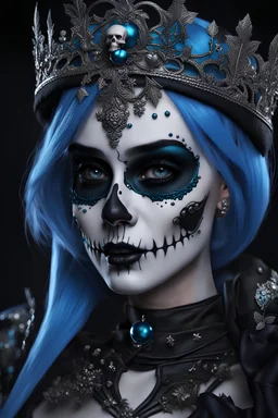Close-up Portrait of a girl, skeleton face like night before Xmas, blue hair, 8k realistic, goth