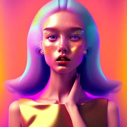 read head woman teenager, few freckles, gold teeth, hair coat, purpurin, retro futuristic, latex dress, gradient color, BLUE, PINK, CYAN, neon, insanely detailed, 16k resolution, perfect eyes, cinematic smooth, intricate detail