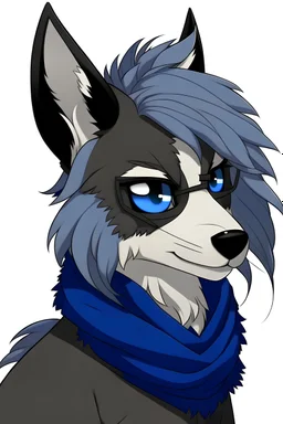 anthropomorphic fursona base, female wolf, hair that's flipped to the left side, fur Colors black and dark blue, glasses, piercings on both ears