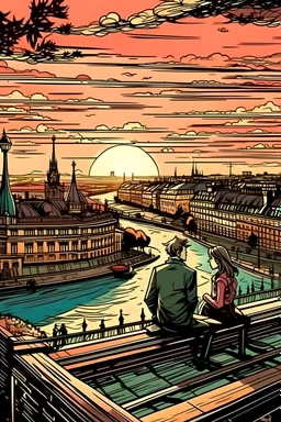 romantic, city panorama vienna with charakterictic architecture, comics style, two people, sunset, river