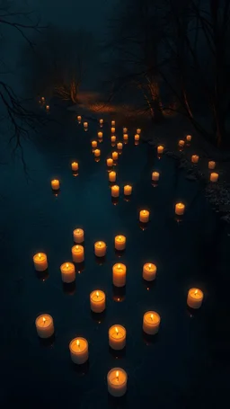 Candles floating on the water of a river , in the style of bosch nightmares , top view and there are trees on the river bank in romantic night view