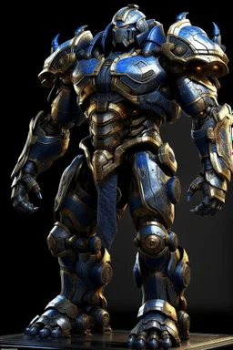 Ironclad stands at an imposing 8 feet tall and is heavily armored with a combination of sleek metallic plating and blue energy accents. Its body is adorned with a polished, reflective surface, giving it a distinct and imposing presence on the battlefield. His waist is snatched. His design is like Nullsector from Overwatch