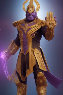 Thanos, the commander of the army of aliens and the king of the entire galaxy, is ready to go on a campaign with his two large swords, his very beautiful and impenetrable armor with his golden helmet, standing on top of a hill with his sword with infinity gauntlet