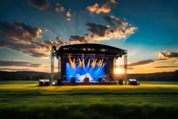 a big open disko stage in country side environment ,green field , at distance,blue sky pretty clouds ,sunset ,golden hour.