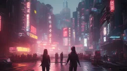 4k, hyper-realistic, Ultra-HD, Ray-tracing, cyberpunk, cybernetics, Asian, Female, short, jacket, carrying pistol, hacker, night time, bright signs, lively city, desktop wallpaper, cute