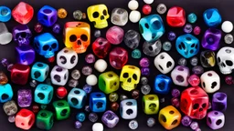 dices of all colours, cranium-shaped beads, dice-shaped beads, transparent beads, everywhere, skulls no room